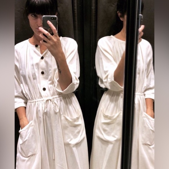 Zara Ecru Off White Cream Button Up Down Drawstring Pocket Linen Midi Dress - Picture 5 of 16